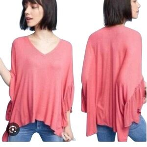 Anthropologie Akemi + Kin Capa Fluttered V-Neck Oversized Ribbed Top  M/L Coral